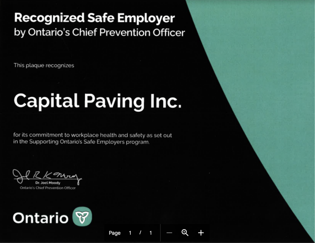 Capital Paving is a Recognized Safe Employer by Ontario's Chief Prevention Officer